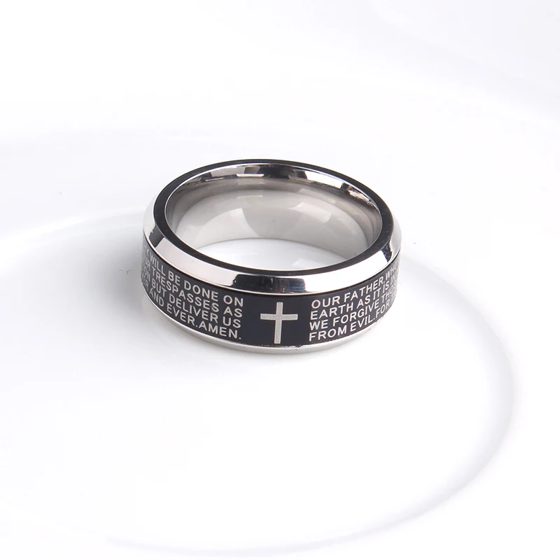 8mm black rotate English Bible cross Stainless Steel wedding rings for men women wholesale