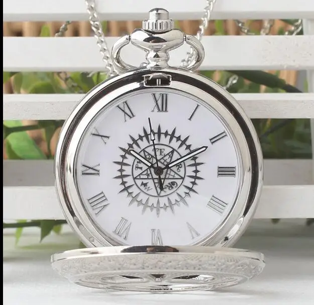 New Fashion quartz sunflower Black Butler silver quartz anime Hollow out woman and men pocket watch FOB chain gift