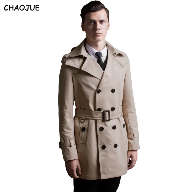 CHAOJUE Double breasted trench male 2023 detachable cap medium long outerwear S-6XL khaki coat trench mens fitted jacket sales