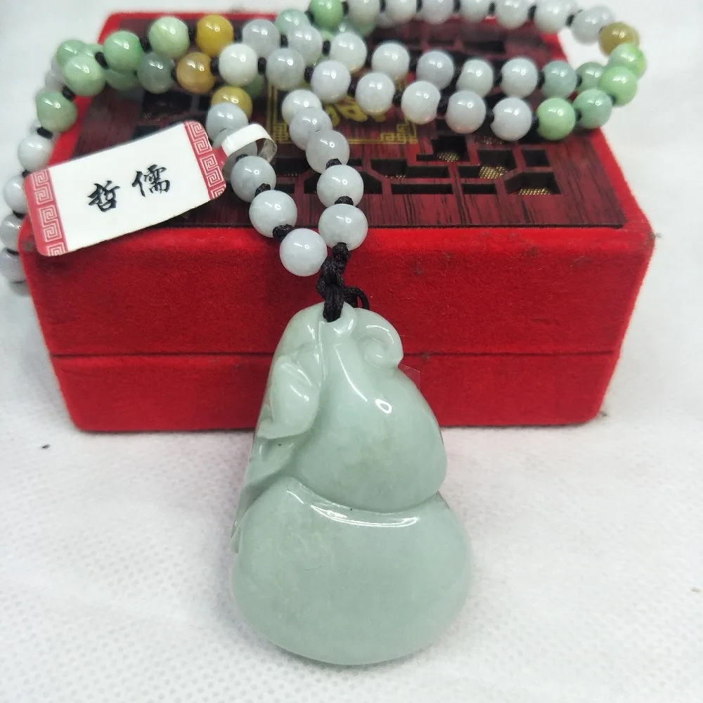 Zheru Jewelry Pure Natural Jadeite Light Green Gourd Monkey Pendant Tricolor Jade Bead Necklace Gift Class A National Certificat