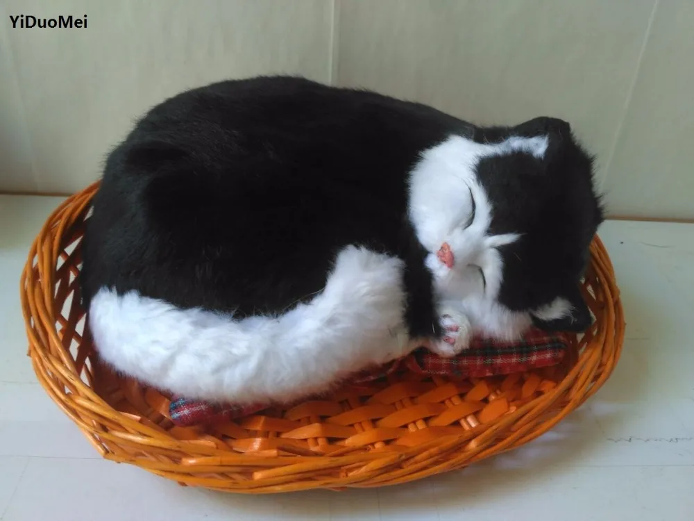 large 25x20x12cm black sleepy cat model,polyethylene&furs artificial cat with basket ,handicraft prop,home decoration gift a2698