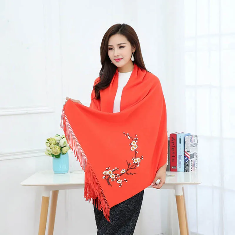 National Style New Autumn Winter Solid Color Embroider Clubs Women's Fashion Pashmina Cashmere Tassel Shawl Scarf Warp Warm