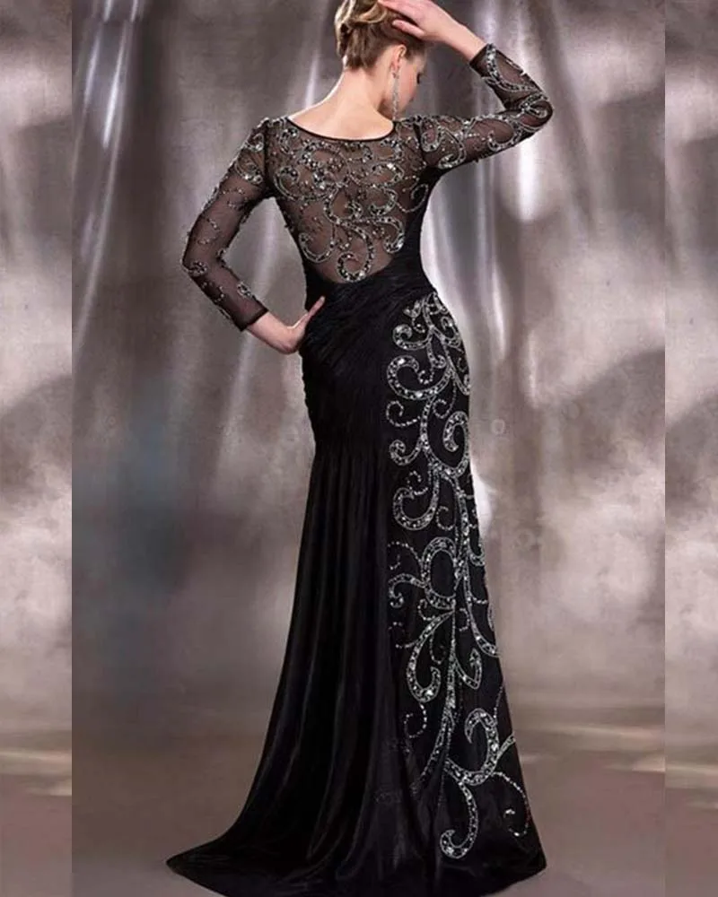 Sexy Sheer Back V-neck Long Sleeve Evening Dresses Women Mermaid Dress Beaded Mother of the Bride Dresses