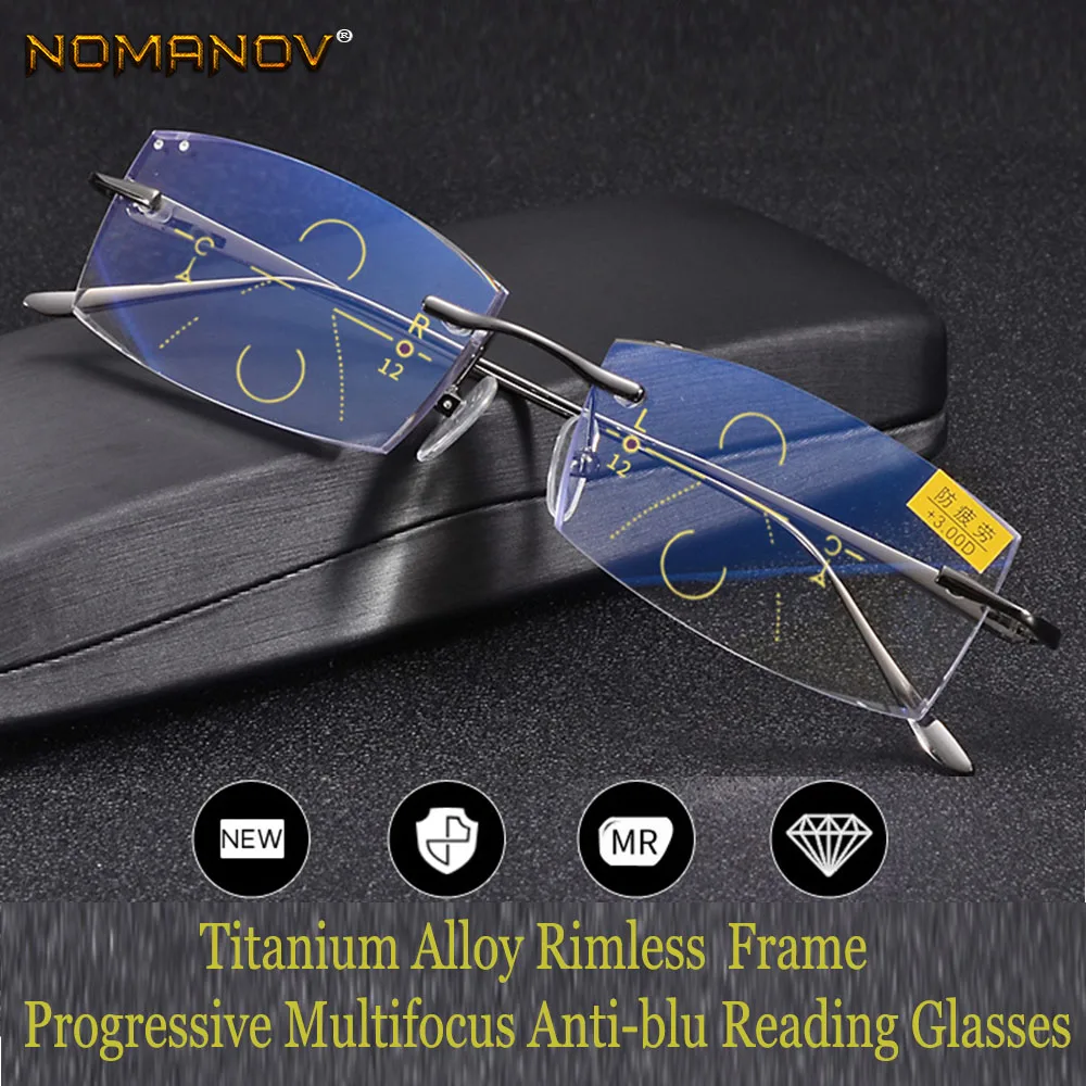 

NOMANOV = Progressive Multifocal Reading Glasses Titanium Alloy Rimless Diamond Cut See Near And Far TOP 0 ADD +0.75 To +3