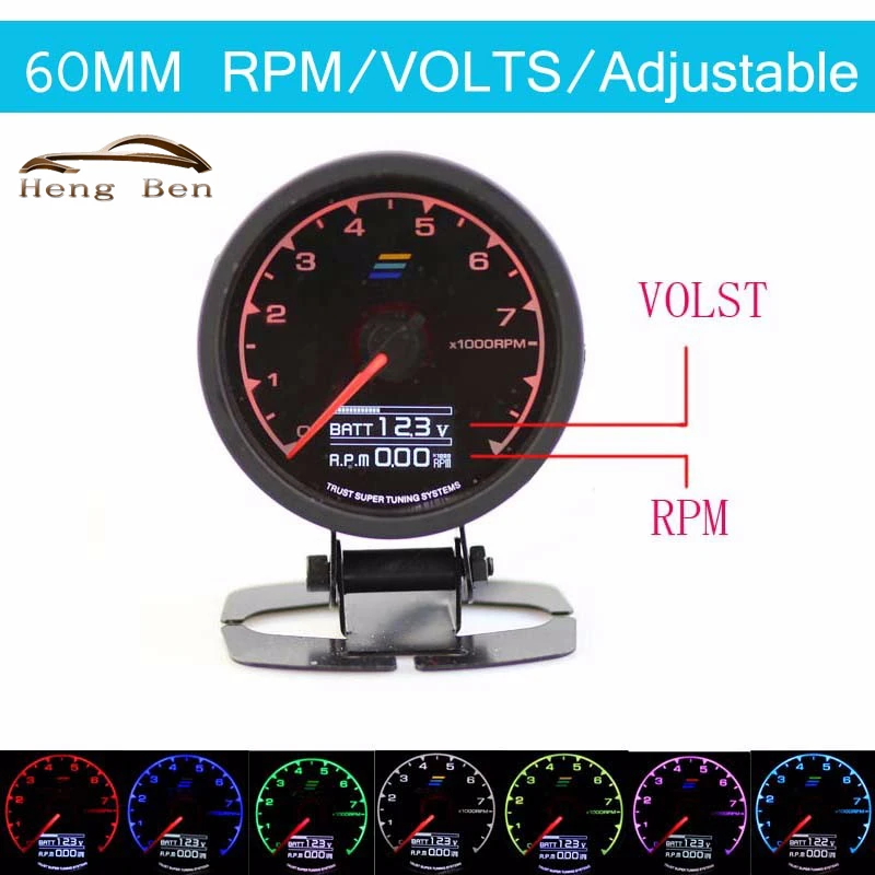 

HB New 7-Color-in-1 60mm Multi D/A LCD Display Digital RPM Tachometer Gauge Drifting Car Tachometer RPM Meter Gauge