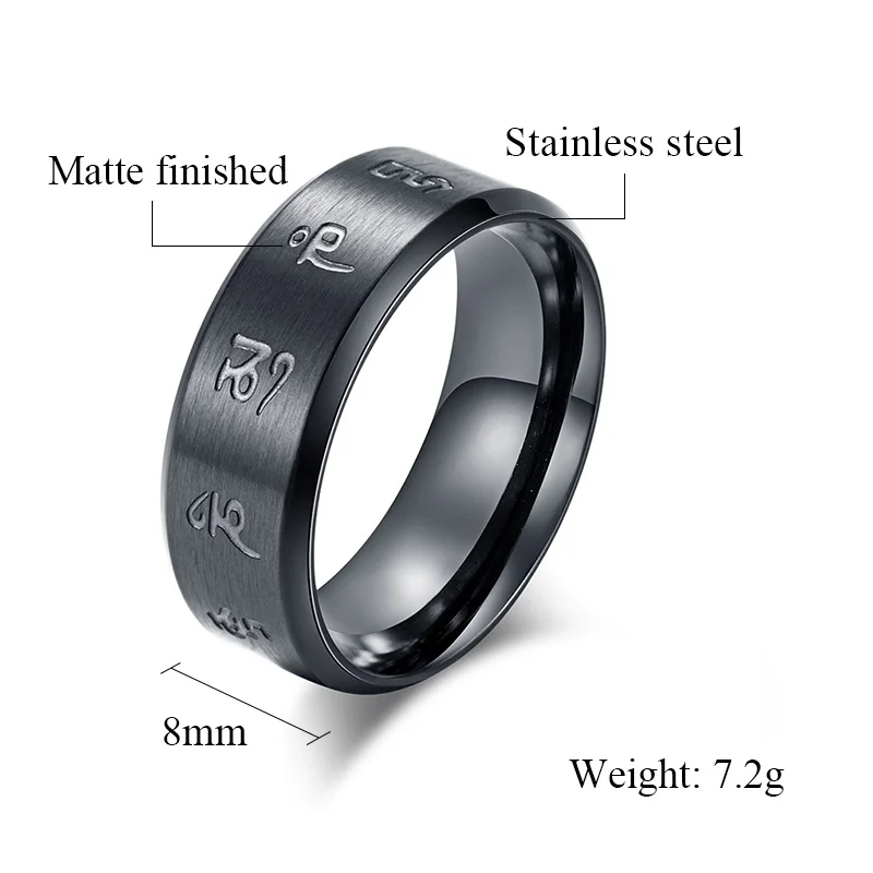 Tibetan Buddhism Black Good Luck Mantra Men\'s Ring Matte Stainless Steel Male Ring Mysterious Religious Buddhist Jewelry