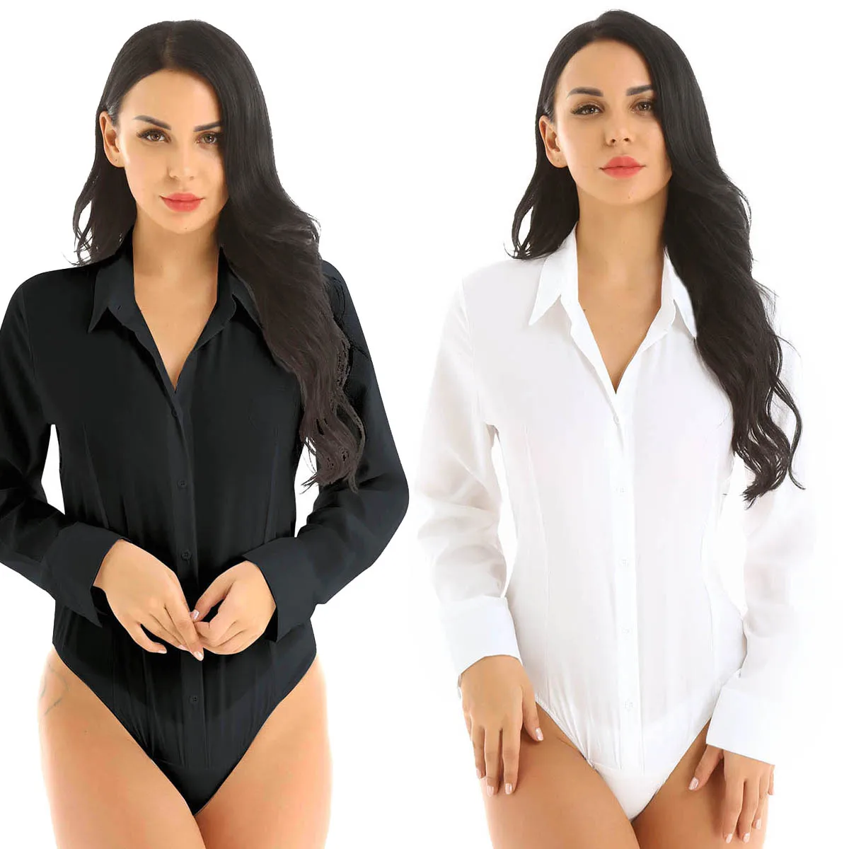 Reino unido estoque das mulheres sexy clube corpo terno turn-down colarinho collant macacão camisa de corte alto tanga bodysuit femme moda casual catsuit