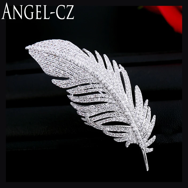 

ANGELCZ Christmas Brooch Pin Micro Pave Tiny CZ Zirconia Large Feather Brooches For Women Multiple Wear Methods Jewelry BP006