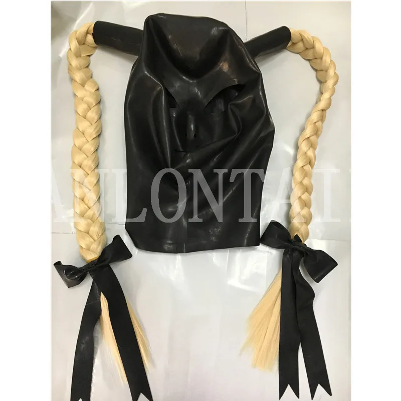 Cagoule en Latex Noir pour Femme, Fait à la Main, avec Tresse Torsadée, Yeux Ouverts, Bouche, Drame en Antarctique, Masque Cekc Back Zpper