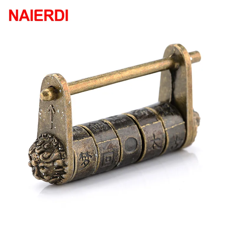 NAIERDI Zinc Alloy Chinese Vintage Antique Bronze Keyed Padlock Retro Combination Password Lock Jewelry Box Padlock 50*28mm