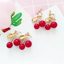 Gold Color Leaf Small Big Red Round Cherry Earrings Brincos Glass Cherries Fruit Pendant Clip Earrings For Women Lady Femme