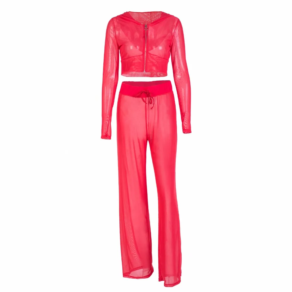 Sexy crop top two piece set tracksuit women gauze Fashion Hoodie Pant cropped tops