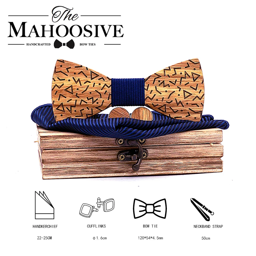 Mahoosive Wood Bow Tie Gentle men Wooden Bow Ties Set Gravatas Corbatas Butterfly Cravat For Men Wood Ties handkerchief cufflink