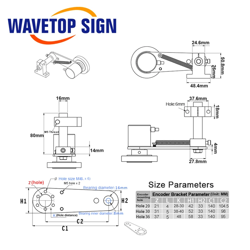 WaveTopSign วงเล็บคงที่ของ Encoder Mount กรอบ 142x87x48 มม.พร้อมสปริงรวมเคลื่อนย้ายได้เลื่อนวงเล็บ Encoder อุปกรณ์เสริม