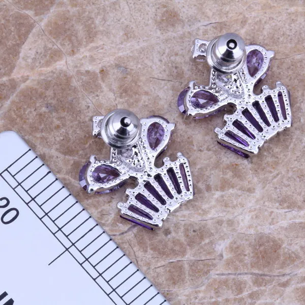 Purple Cubic Zirconia White CZ Silver Plated Fashion Stud Imperial Crown Earrings N1117