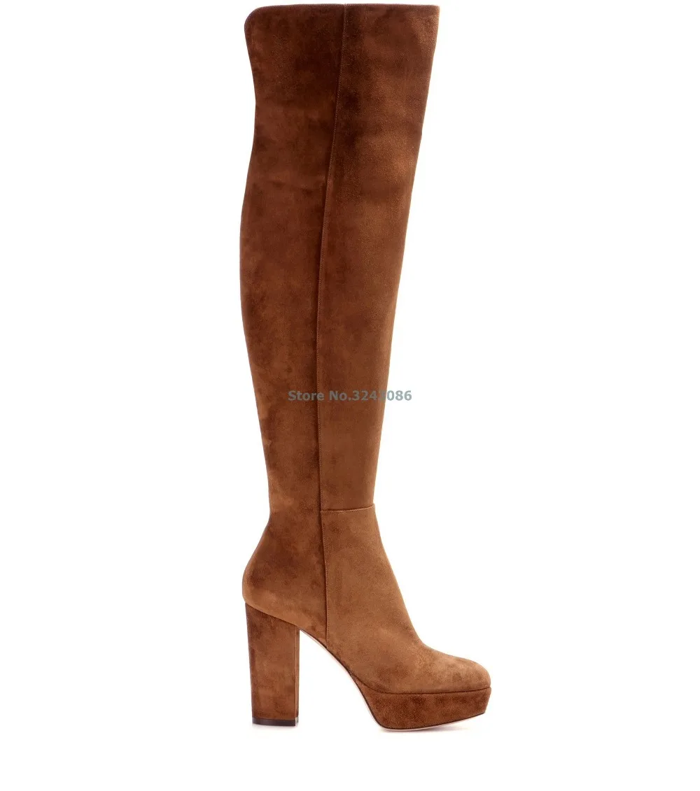 Black Brown Platform Chunky High Heel Boots Suede Round Toe Over The Knee Boots Fashion Spring Autumn Women Shoes