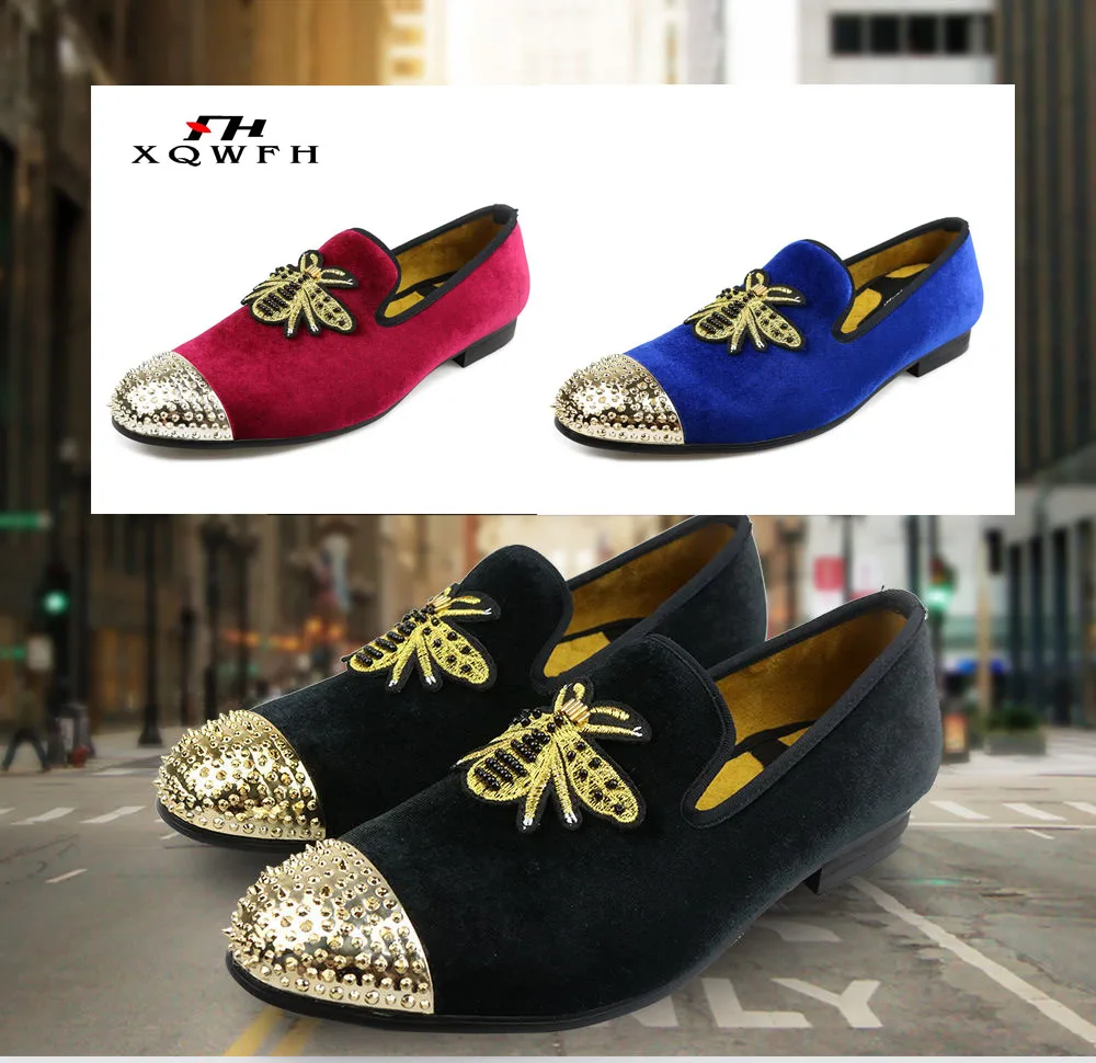 

Fashion Multicolor Velvet Men Shoes Gold Toe and Embroidery Bees Men Loafers Italy Brand Party Wedding Men Dress Shoes