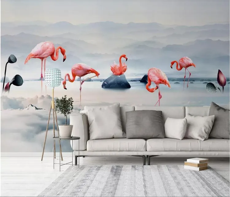 

Custom wallpaper murals Nordic minimalist cloud hail flamingo far mountain background wall paper mural 3D wallpaper