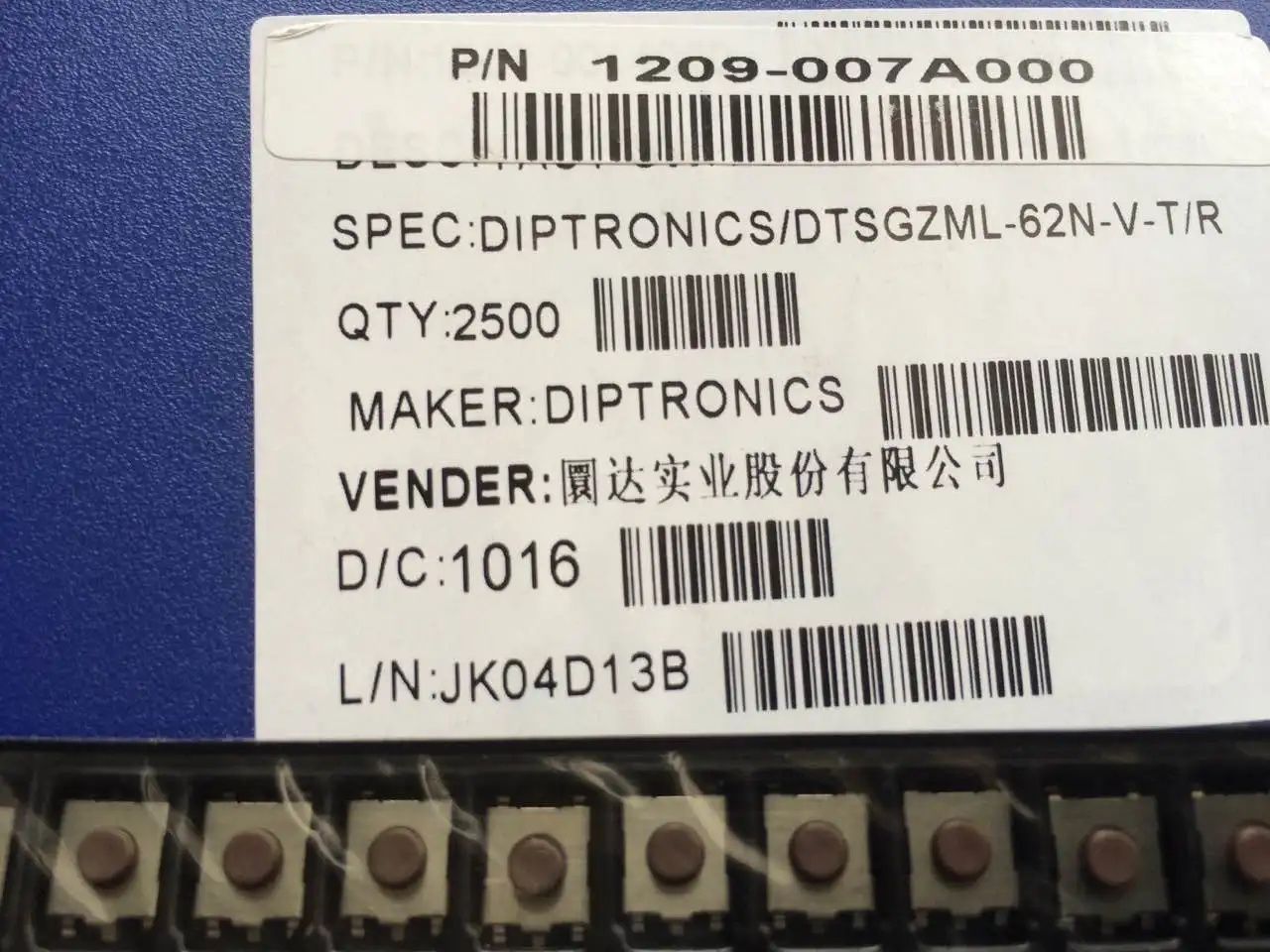 Taiwan Round DIP DTSGZML-62N-V-T/R Tact Switch 6*6*3.1 Patch 5 Foot Original