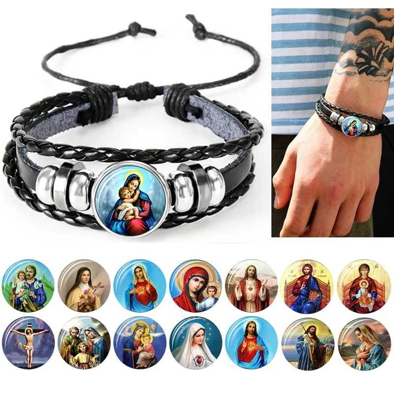 Men’s Leather Jesus Charm Bracelet