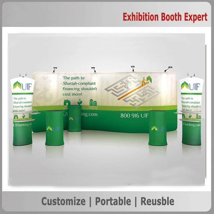 

20ft S Shape Tension Fabric Trade Show Display Booth Set Pop Up Stand Exhibition Expro with Lights Counters Shelves