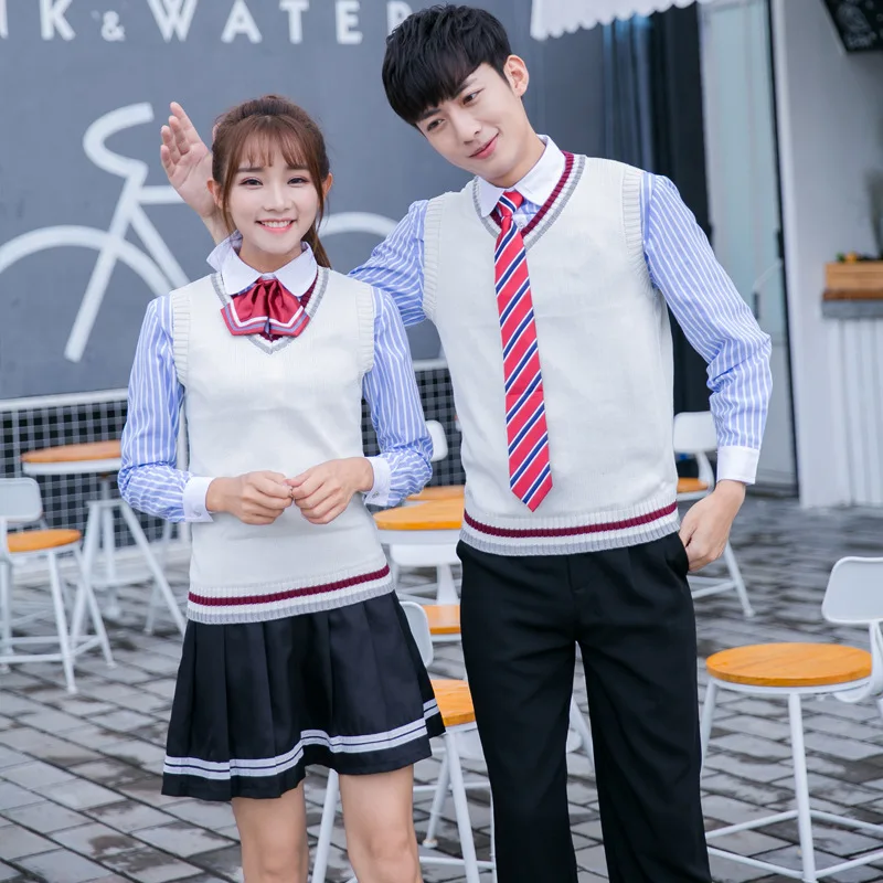 Student School Uniform V Collar Sweater Vest School Uniform JK Uniform Fashion Uniform Class Long Sleeve 4pcs  D-0582