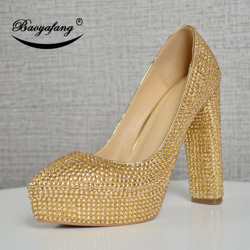 

BaoYaFang 2019 New arrival Champagne Crystal Women Wedding shoes Bling Ladies Party shoes woman High heel platform shoes Female