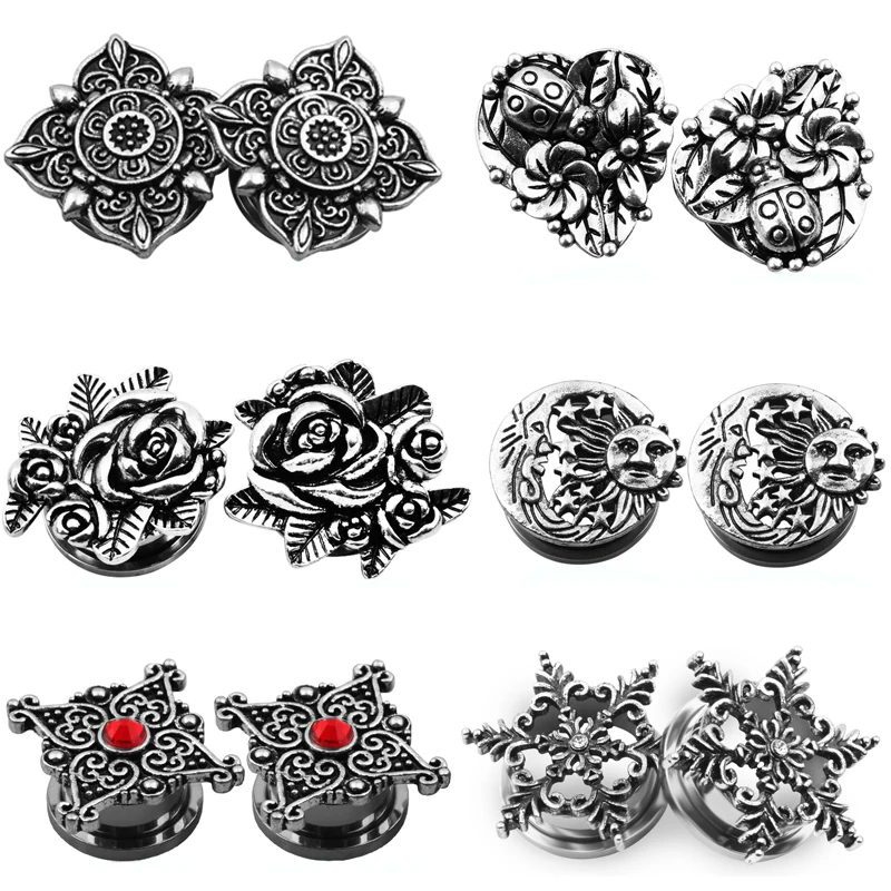 2pcs Vintage Double Flesh Stainless Steel Ear Plugs Tunnels Stretchers Retro Rose Flower Ladybug Ear Gauges Piercing Oreja Gifts