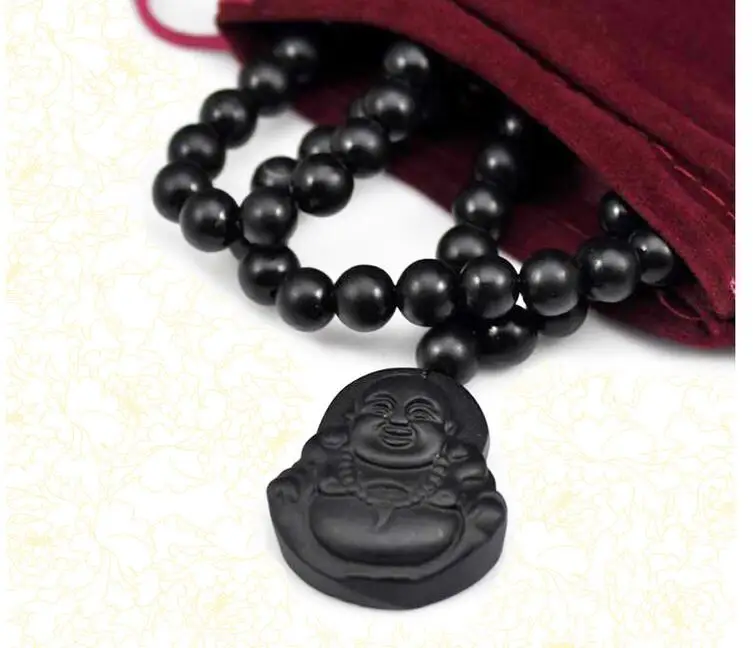 RD    Natural Black Bian Stone Carved Lucky Laughing Buddha Pendant Beads Necklace Massager Beauty Healthy Care