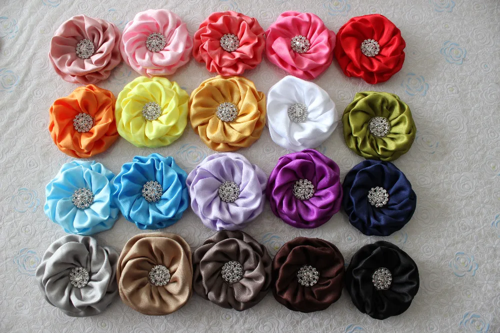 

Matte Satin Rolled Flower rhinestone center Rose Flower for headband 200pcs