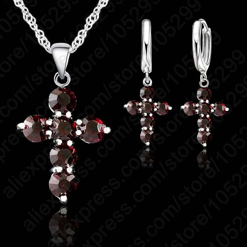 10Color Choose 925 Sterling Silver Austrian Crystal Cross Pendant Necklace Earrings Jewelry Sets Stock 24 Hours Shipping