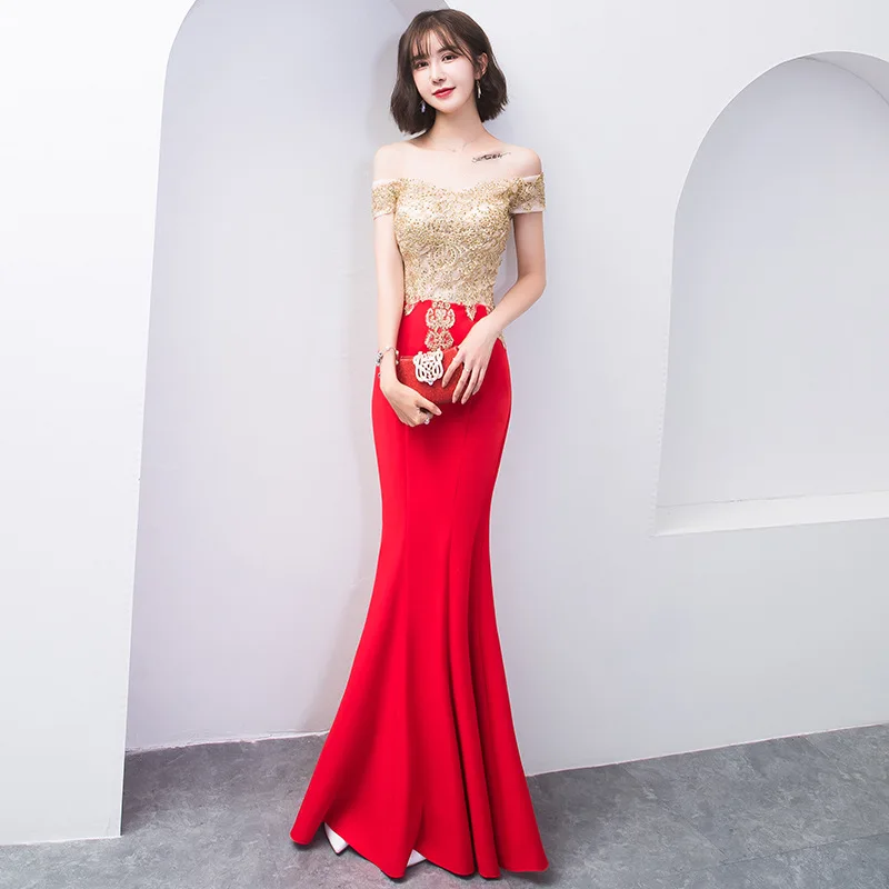 2019 neue Mode Meerjungfrau Abendkleid Gold Appliques Sexy Weg Von der Schulter Backless Prom Party Kleid Robe De Soiree