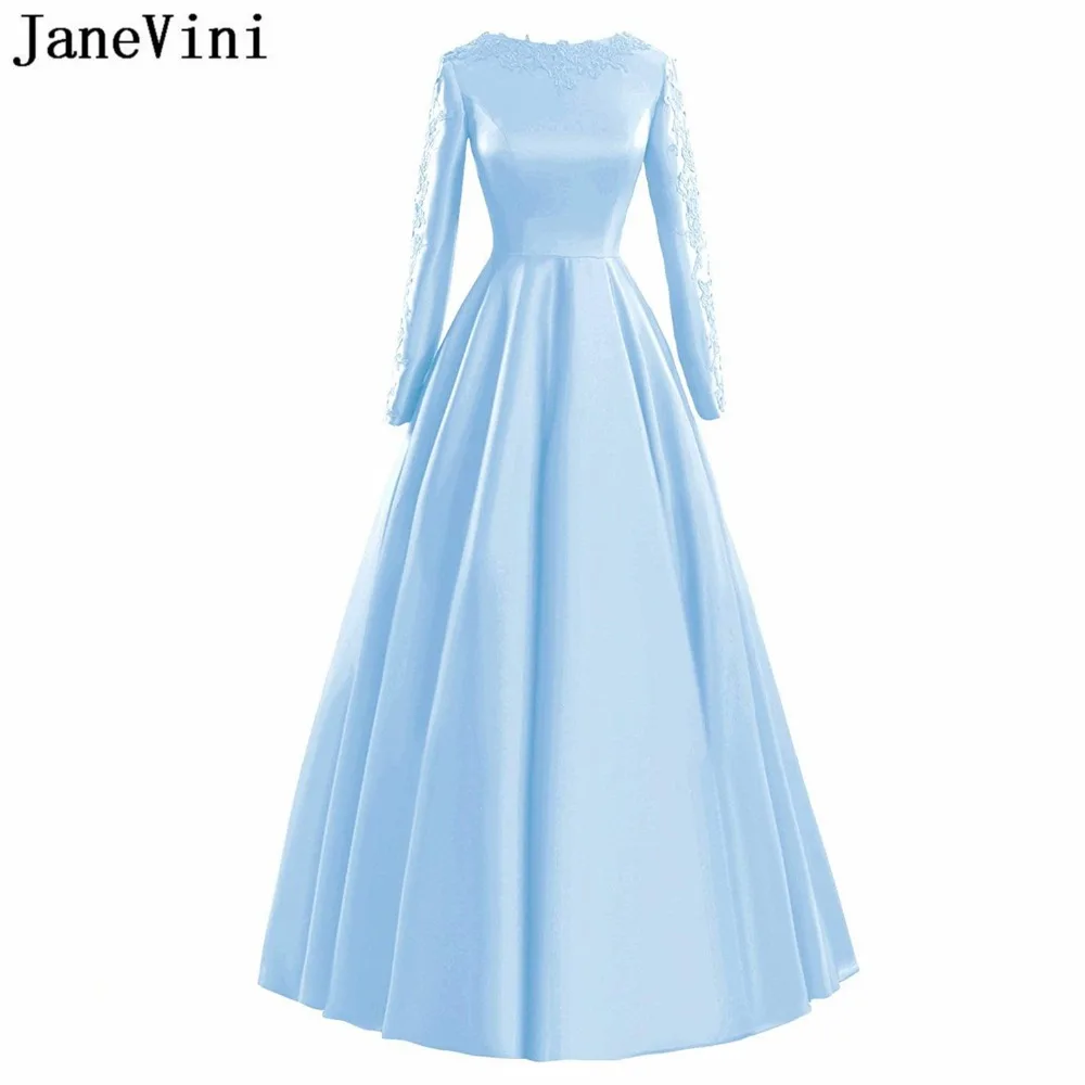 

JaneVini Elegant Light Sky Blue Long Bridesmaid Dresses with Sleeves A Line Appliques Satin Sweep Train Simple Formal Prom Gowns