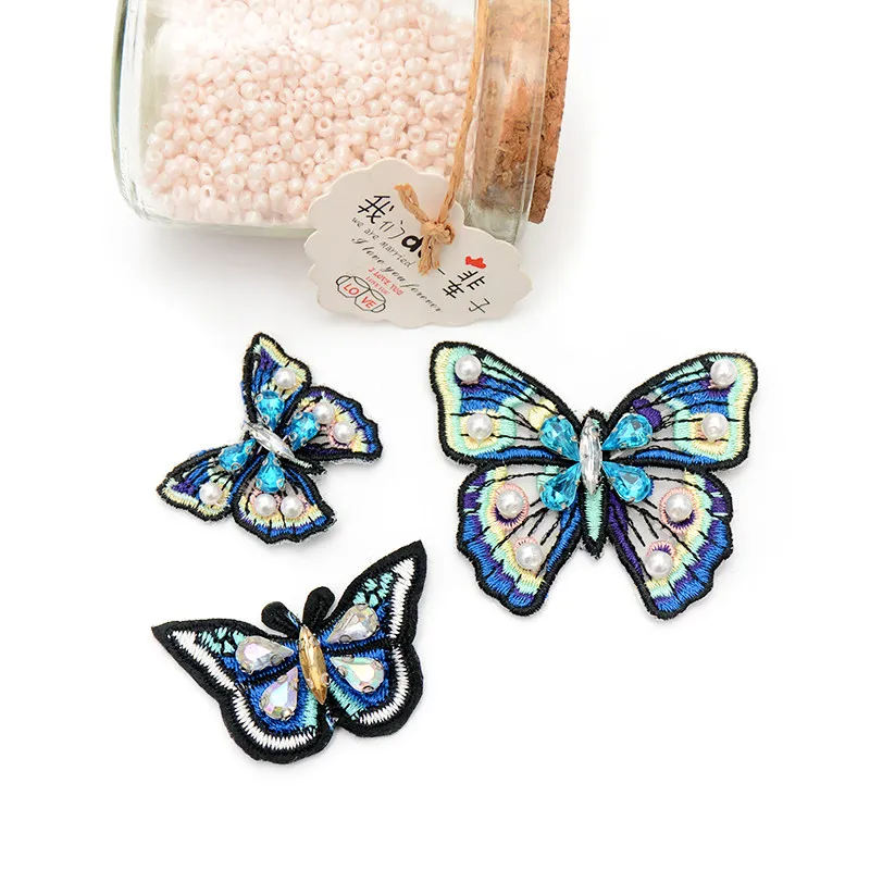 AHYONNIEX Brand 1pcs Blue Butterfly beads rhinestones patches sew on beading applique clothes shoes bags decoration patch DIY