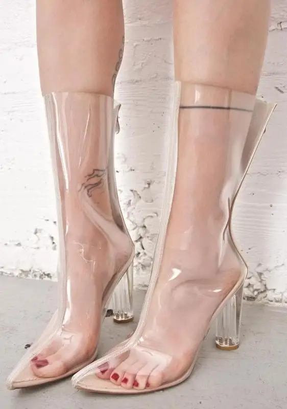 

Zapatos mujer high heel Spring Autumn boots with pointed toe mid-calf clear heels perspex details ladies transparent boots shoes