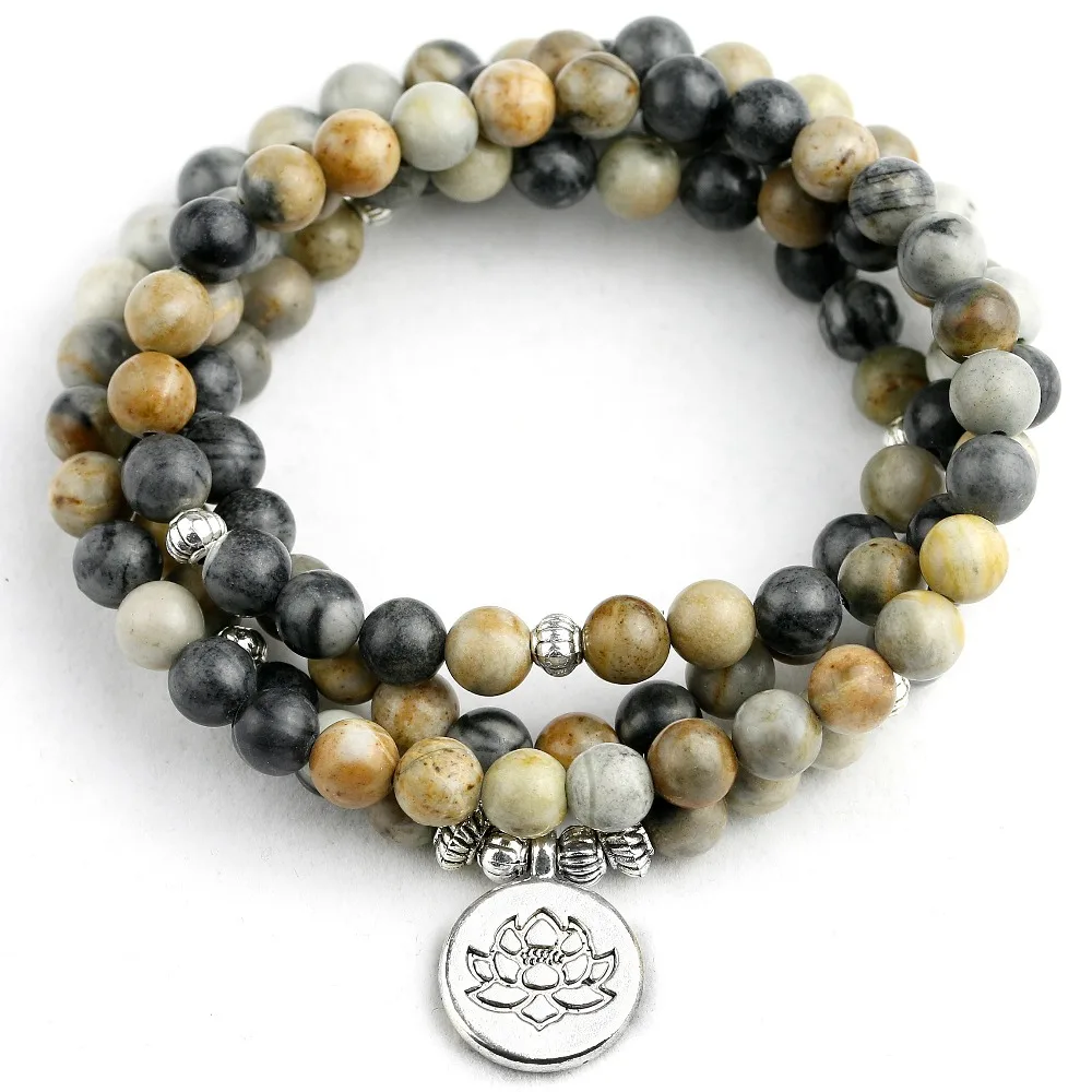 Multilayer Natural Picasso 6MM Beads Bracelet Tibetan Buddhist Mala Buddha Charm 108 Bracelet Yoga Rosary Stone For Women Men