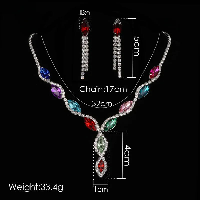 TREAZY 5 Colors Leaf Tassel Crystal Bride Bridal Jewelry Set For Women Necklace Earrings Sets Wedding Party Jewerlry Accessories