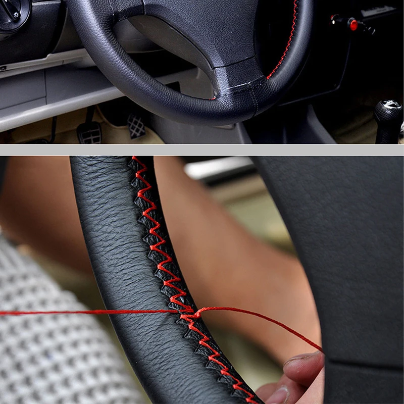 

DIY w/Needles LACK/RED PU Leather Thread Car truck motors Steering Wheel Cover Universal