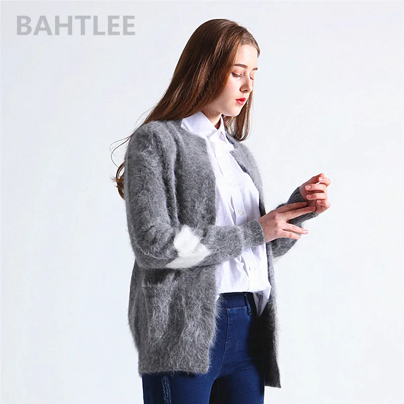 BAHTLEE-Women\'s Angora Jumper Cardigans, Knitting Sweater, Loose, Casual, Heart Pattern, Turn Down Collar, Keep Warm, Autumn, Wi