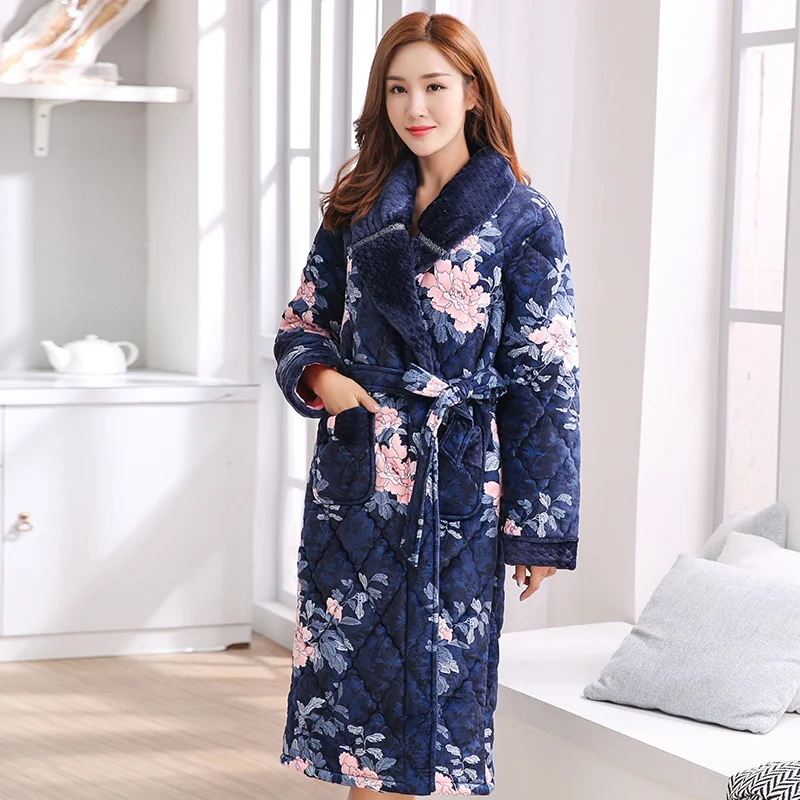 Big Yards M-XXXL nightgown ladies winter three-layer thick warm flannel quilted pajamas long coral fleece bathrobe dressing gown