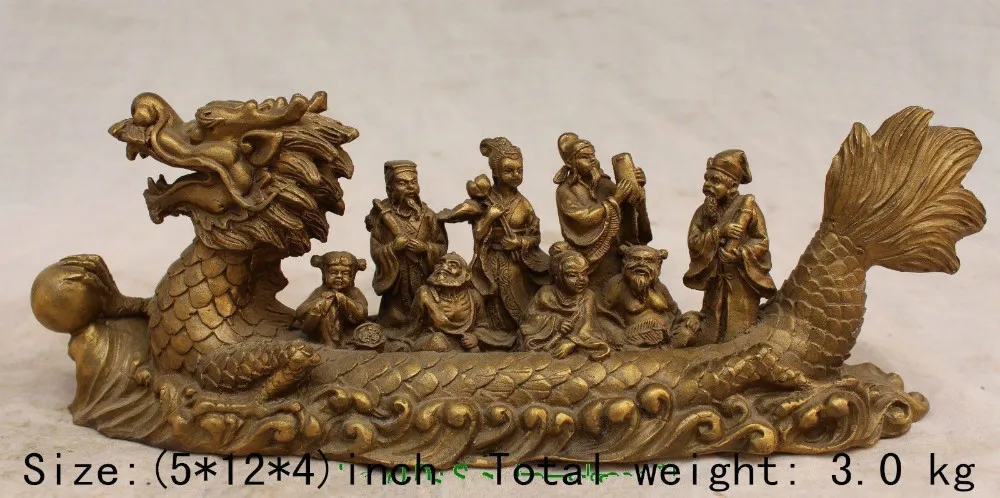 12.7 cm / Delicate Chinese brass mythical figure Eight Immortals Crossing the sea by dragon boat