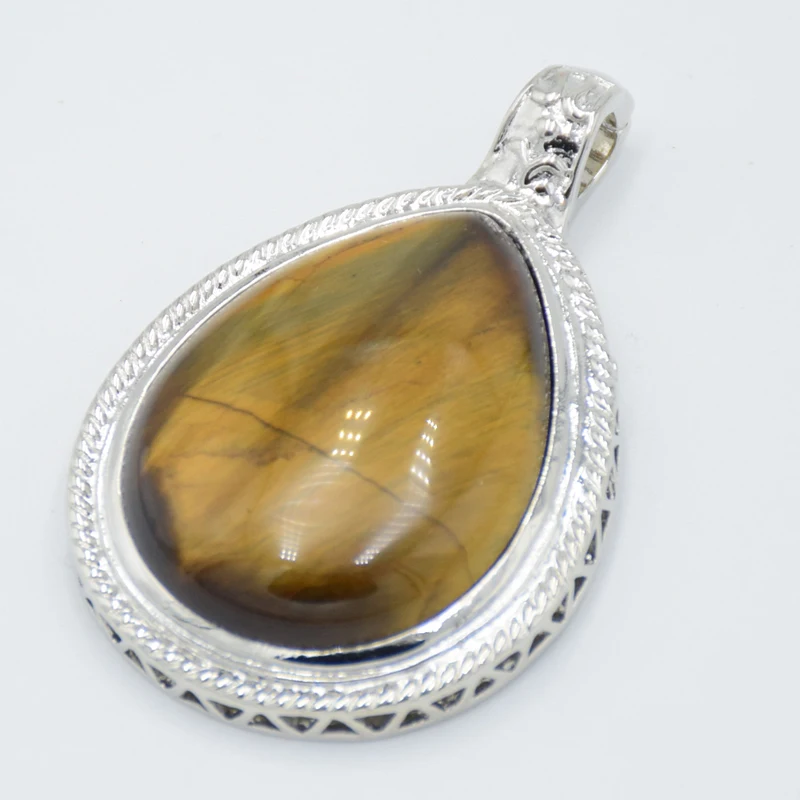New Silver Plated Big Size Water Drop Necklace Pendants Natural Amethysts Crystal Tiger eye Stone Teardrop Bead Pendant Jewelry