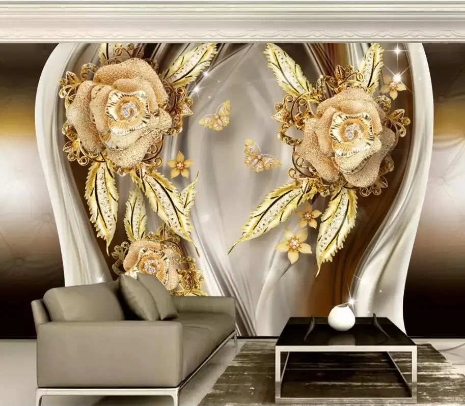 

Custom Wall Mural Modern Art Painting Mural Wallpape European style gold flower jewelry TV Background Wall Mural Wall Paper