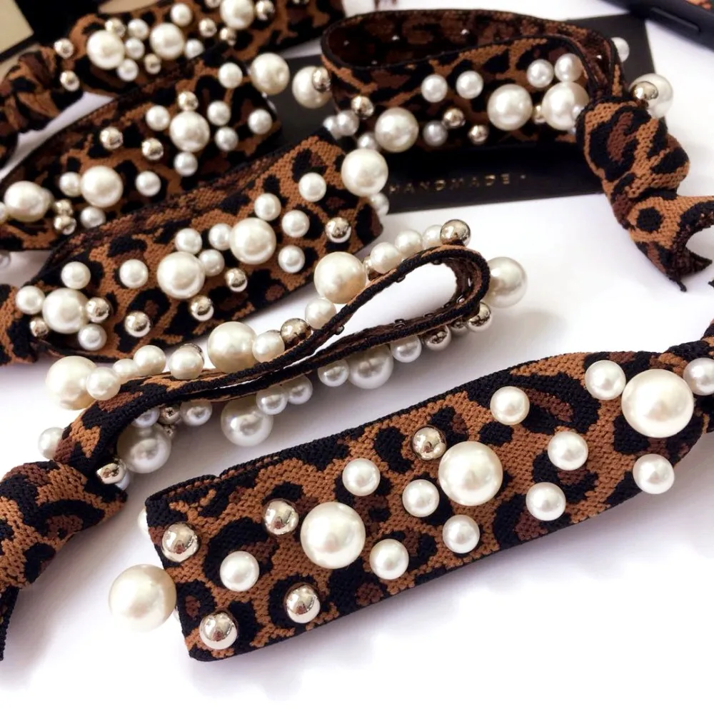 

Fashion Leopard Print Good Quality Elastic Hair Bands For Women Hair Ponytail Holder Girls pearls Hair Accessories wholesale