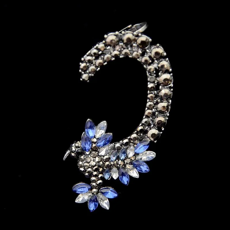 Eexaggerated Black Metal Colorful Blue Crystal Big Flower Crystal Ear Clip Cuff Earrings For Women Femme Earrings Jewelry Gift