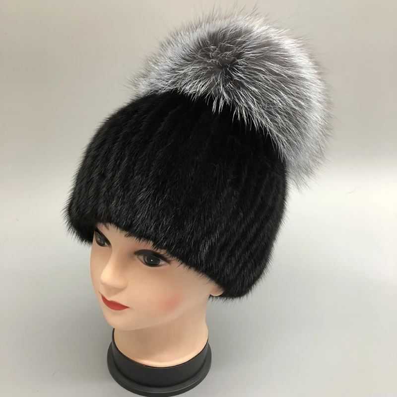 

New natural mink fur hat woman winter ski cap warm protection ear mink and With Fox Fur Ball handmade free shipping