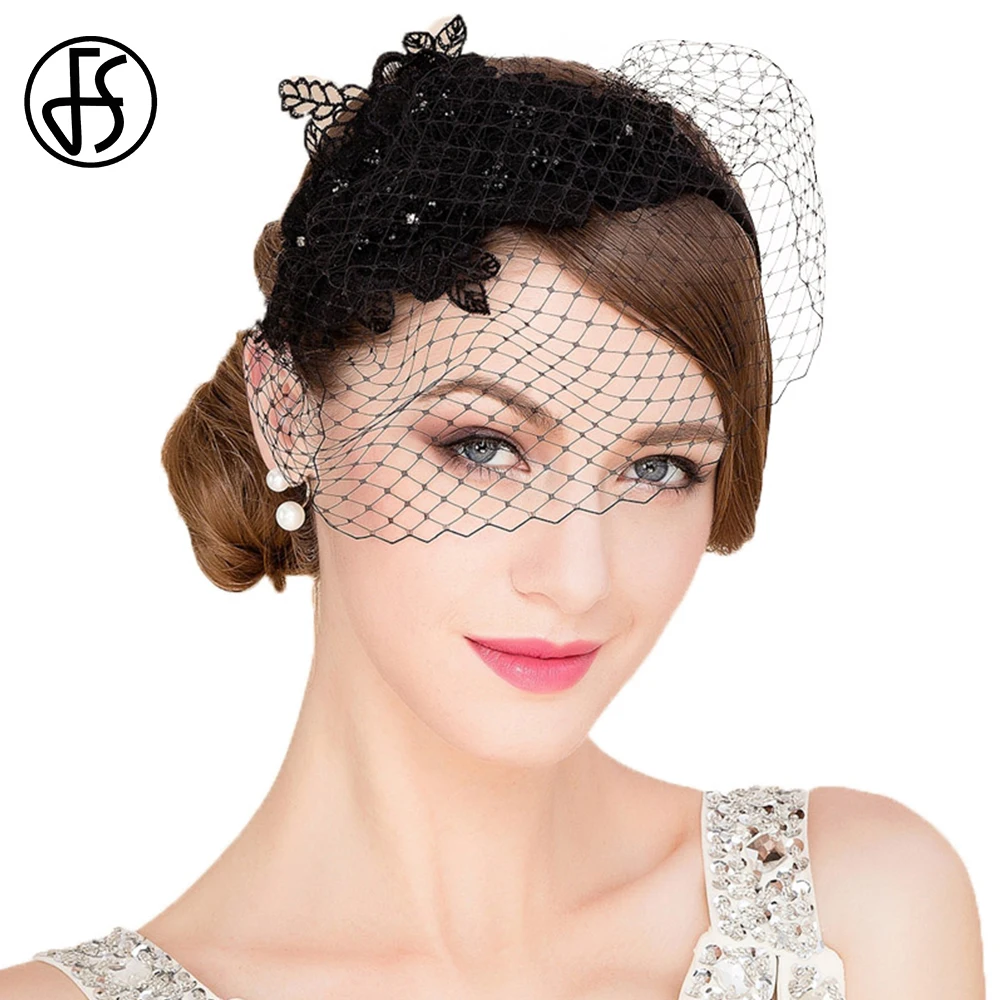 FS Black White Vintage Fascinators Pillbox Hat With Veil Ladies Summer Royal Wedding Church Hats For Women Elegant Chapeu Fedora