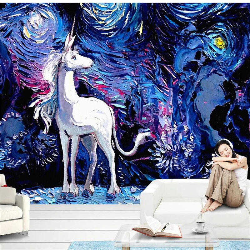 wellyu  papel de parede  papier peint  Custom wallpaper  Unicorn Van Gogh Star Oil Painting Decorative Background Wall