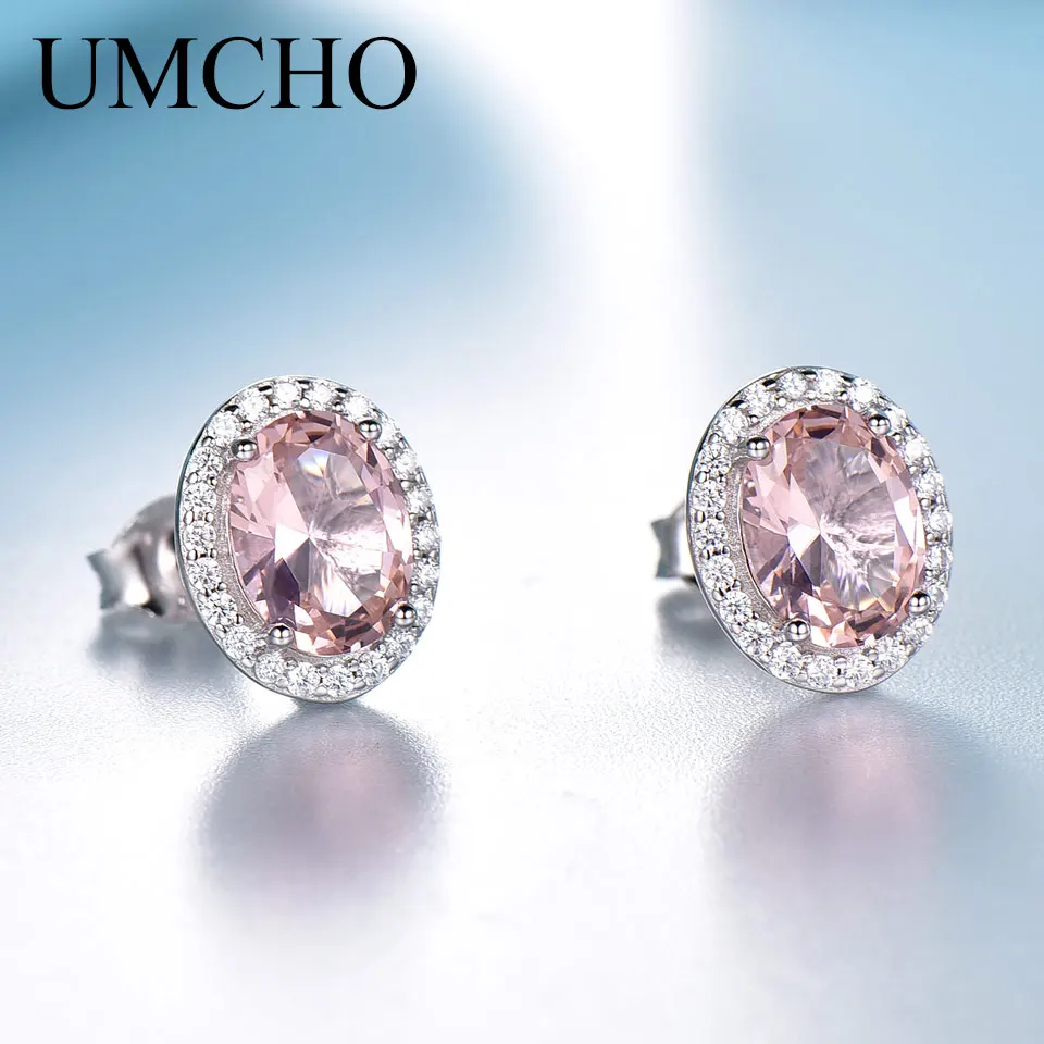 

UMCHO 925 Sterling Silver Jewelry Created Oval Pink Sapphire Stud Earrings For Lover Anniversary Romantic Gifts Fine Jewelry