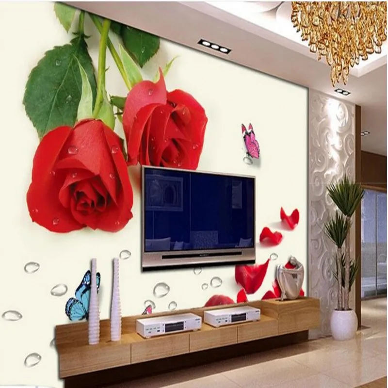 wellyu Custom large - scale murals fantasy red rose butterfly water drop TV wallpaper non - woven wallpaper papel de parede